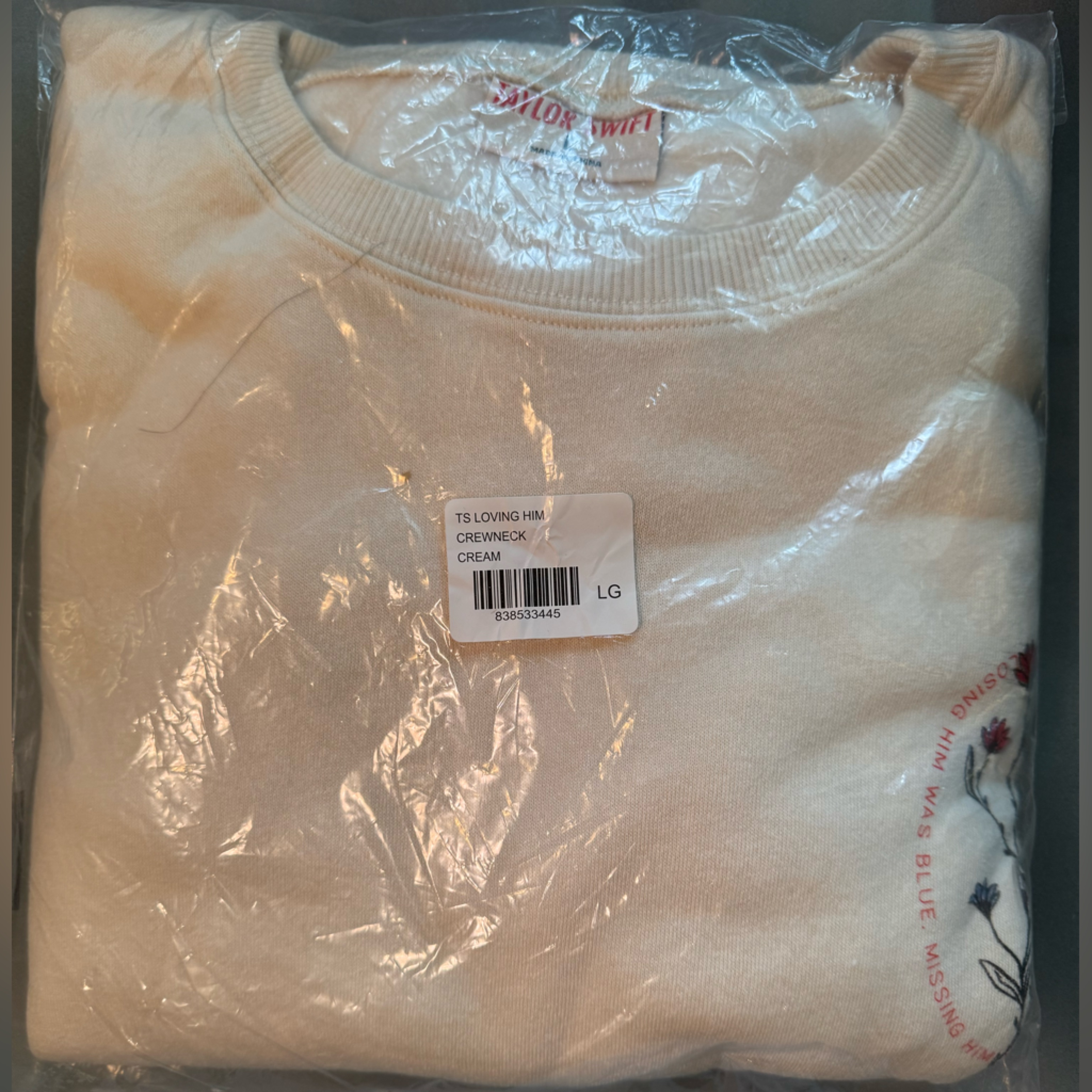 Brand New Never Worn Talyor Swift Large Cream Crewneck Sweater "Loving Him)